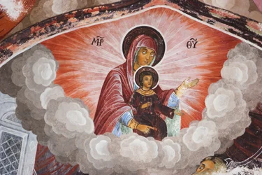 Gemälde von Zahari Zograf an den Außenwänden des Rila-Klosters